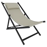 Sedia Sdraio Leggera Da Giardino Schienale Regolabile 5 Posizioni Pieghevole Ergonomica Con Cuscino Traspirante Struttura Nera In Alluminio Da Esterno Piscina Mare Portata Massima 160 Kg (Beige)