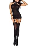 ROSVAJFY Babydoll Lingerie Donna Sexy Mini Abito con Calze, Biancheria Intimo Camicia da Notte Prospettiva Hot Bodystocking Mini Vestito Completi Intimi Maglia Body Halter con Reggicalze (Nero)