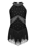 CHICTRY Body Ginnastica con Nappe Frange Bambina Paillettes Abito da Ballo Latino Americano Leotard Danza Classica Vestito da Jazz Rumba Salsa Performance Nero 7-8 Anni