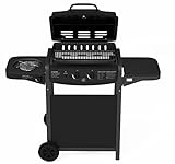 Barbecue A Gas Con Fuoco Bruciatore Laterale BBQ Con Coperchio Termometro Griglia Piano Di Appoggio Grill Compatto Con Ruote e Struttura In Acciaio Giardino Esterno Piscina 112 x 52.5 x 96.5 Cm Nero