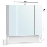 VASAGLE Armadietto da Bagno con Specchio e 3 Ante, Mobile a Parete, con Multipresa, Cestino, Porta Asciugacapelli, Capiente, Mobiletto Bagno da Muro, Bianco Nuvola BBK126W01