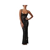 KWTF Abito Lungo Elegante in Pizzo Trasparente Abito Lungo da Donna Sexy Estivo con Spalline Aderenti Abiti da Festa di Nozze Aderenti Abito Lungo Diviso Nero