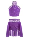 LiiYii Costume da Danza del Ventre Bambina Halter Crop Top di Paillettes con Gonnellino Vestito Danza Ballo Latino Americano Abito da Pattinaggio Artistico Viola 11-12 Anni