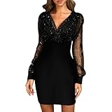 KBRPEY Mini Vestiti Maniche Lunghe Donna in Pizzo Abito a Vita Alta Abiti in Paillettes Abiti a Maniches-Lunghes Vestito da Cerimonia Donna Formale (Nero M)