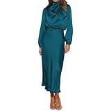 Odizli Abito da donna elegante a maniche lunghe, con collo alto, in raso, per matrimonio, autunno, inverno, da sera, Blu, S