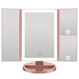 WEILY Specchio Trucco con Luci, specchio Ingranditore con 1X/2X/3X, Specchio Led Trucco Tri-Fold con Touch Screen, Specchio da Tavolo Supporto USB e Batteria (Oro Rosa)