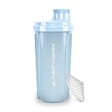 AMITYUNION Shaker per proteine 500 ml Heaven a prova di perdite, senza BPA con setaccio cliccabile e scala per frullati cremosi di siero di latte, shaker per proteine, originale in Cielo blu