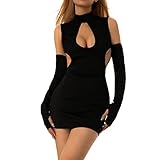 Caziffer Mini Abito da Donna Senza Maniche con Ritaglio Senza Spalline Vestito a Tubino Elasticizzato in Raso Abito da Sera Corto Sexy Aderente con Guanti (Nero, S)