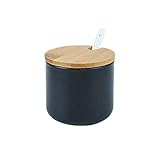 OnePine 260ml Zuccheriera in Ceramica, Contenitore per spezie barattoli spezie Rotonda con Coperchio e Cucchiaio, Design Elegante, per Casa e Cucina (Nero)